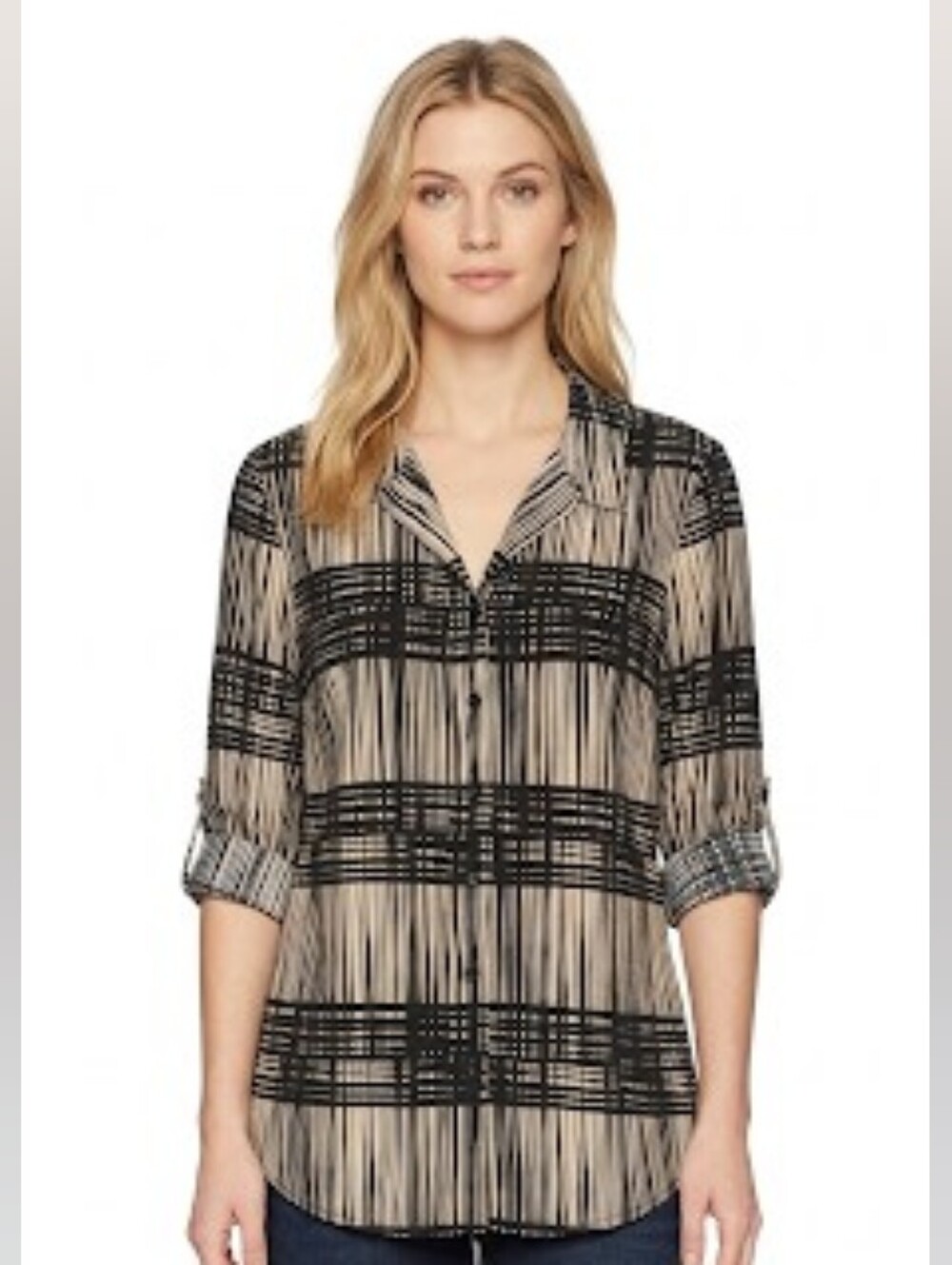 Style & Co Black White Abstract Geo Plaid Button Down Blouse Roll Tab Sleeve M